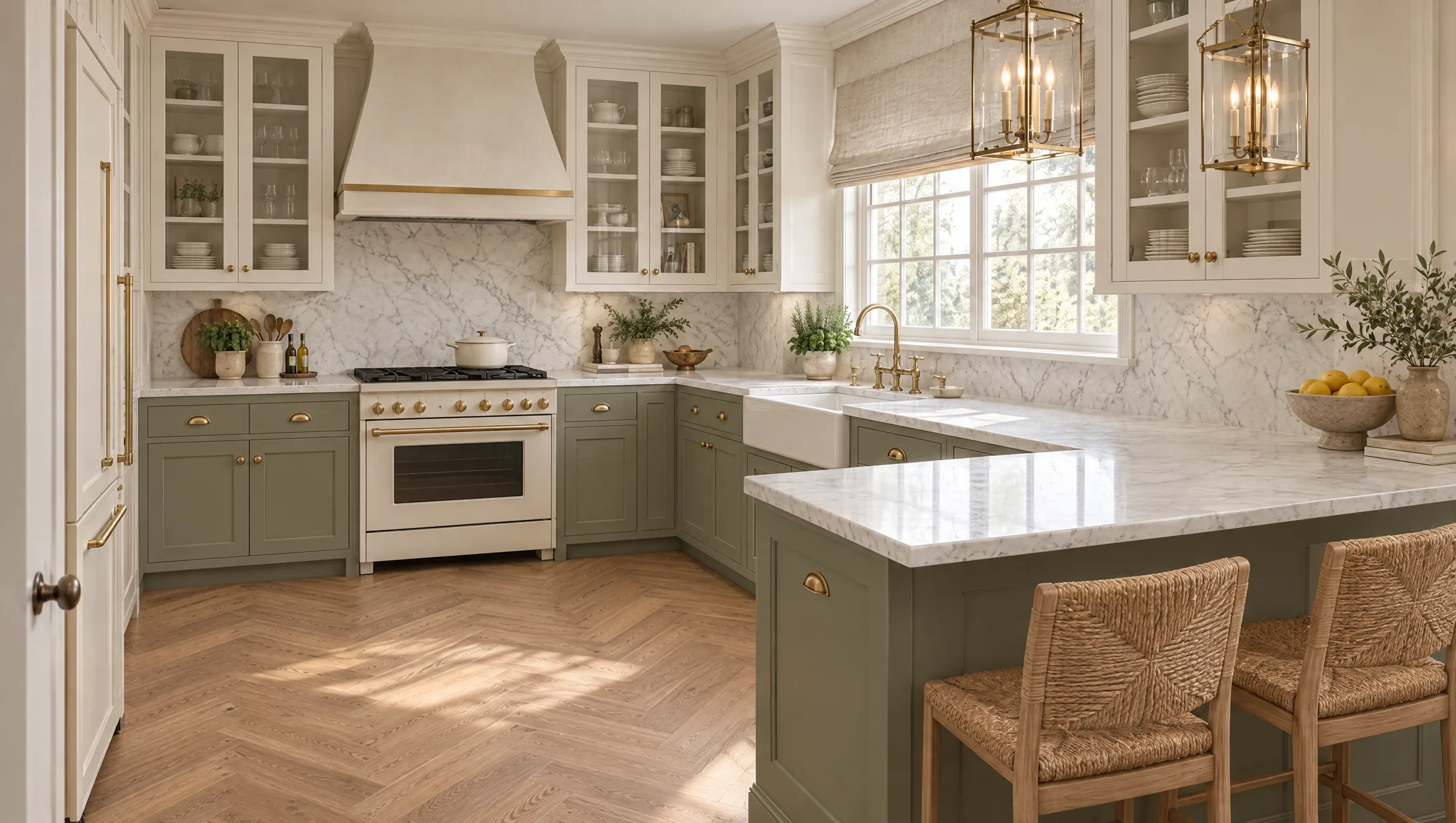 Modern traditional kitchen with sage green Shaker cabinets and marble