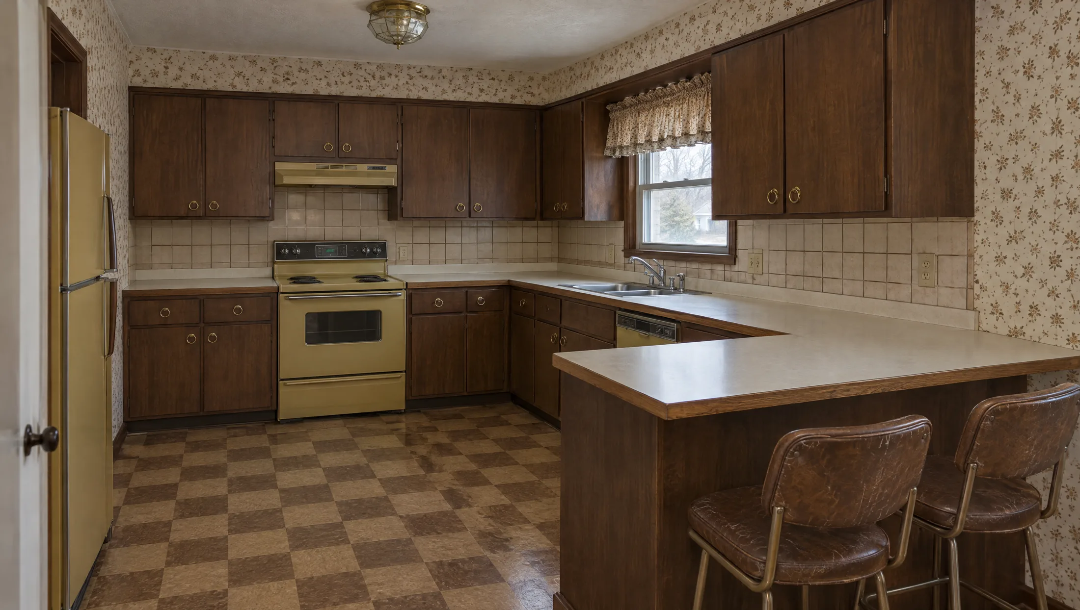 Outdated kitchen with dark cabinets and laminate counters