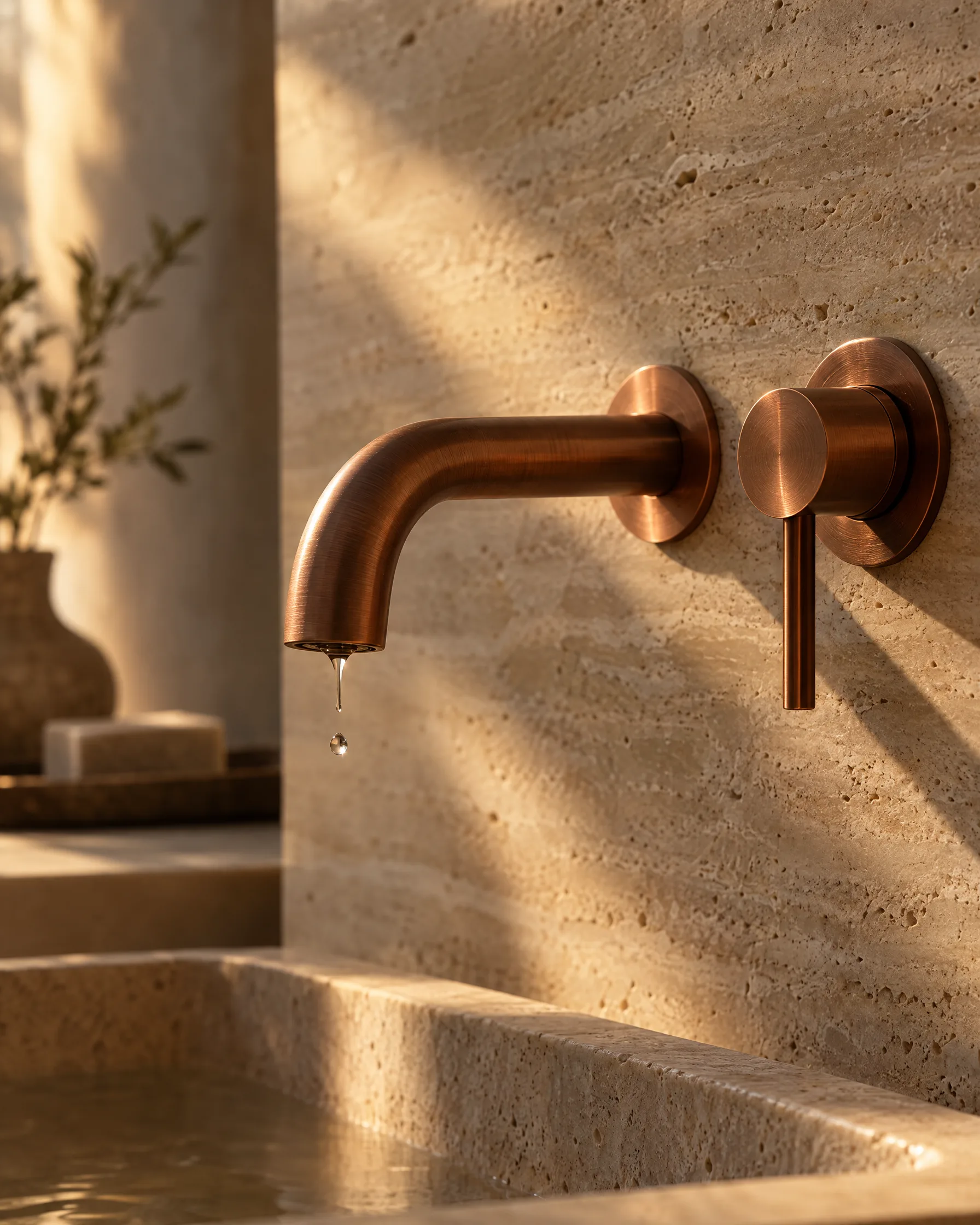 Brushed copper faucet on travertine