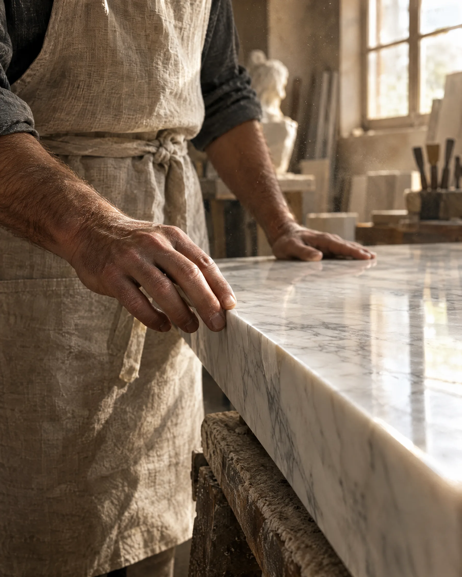Craftsman checking the edge of a marble slab