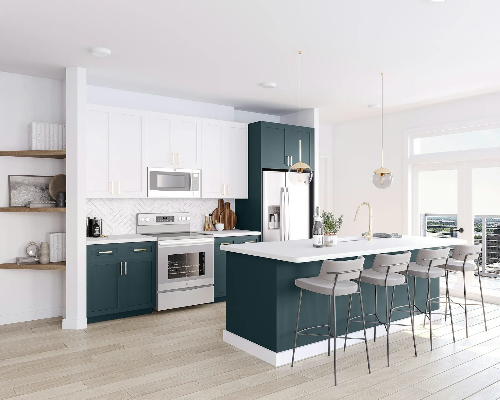 Kitchen with deep green island and cabinetry